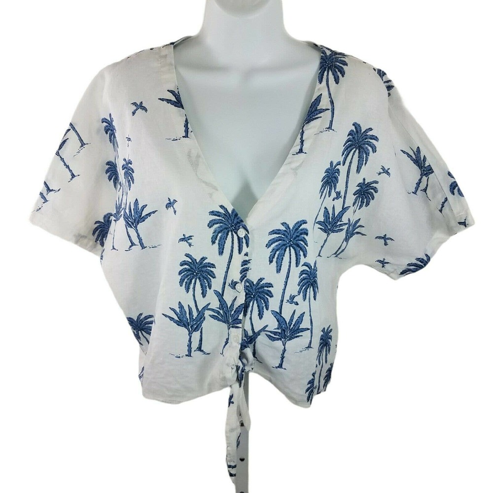 Desmond & Dempsey X H&M Womens Small Linen Cotton‎ Palm Tree Print Tie Waist Top
